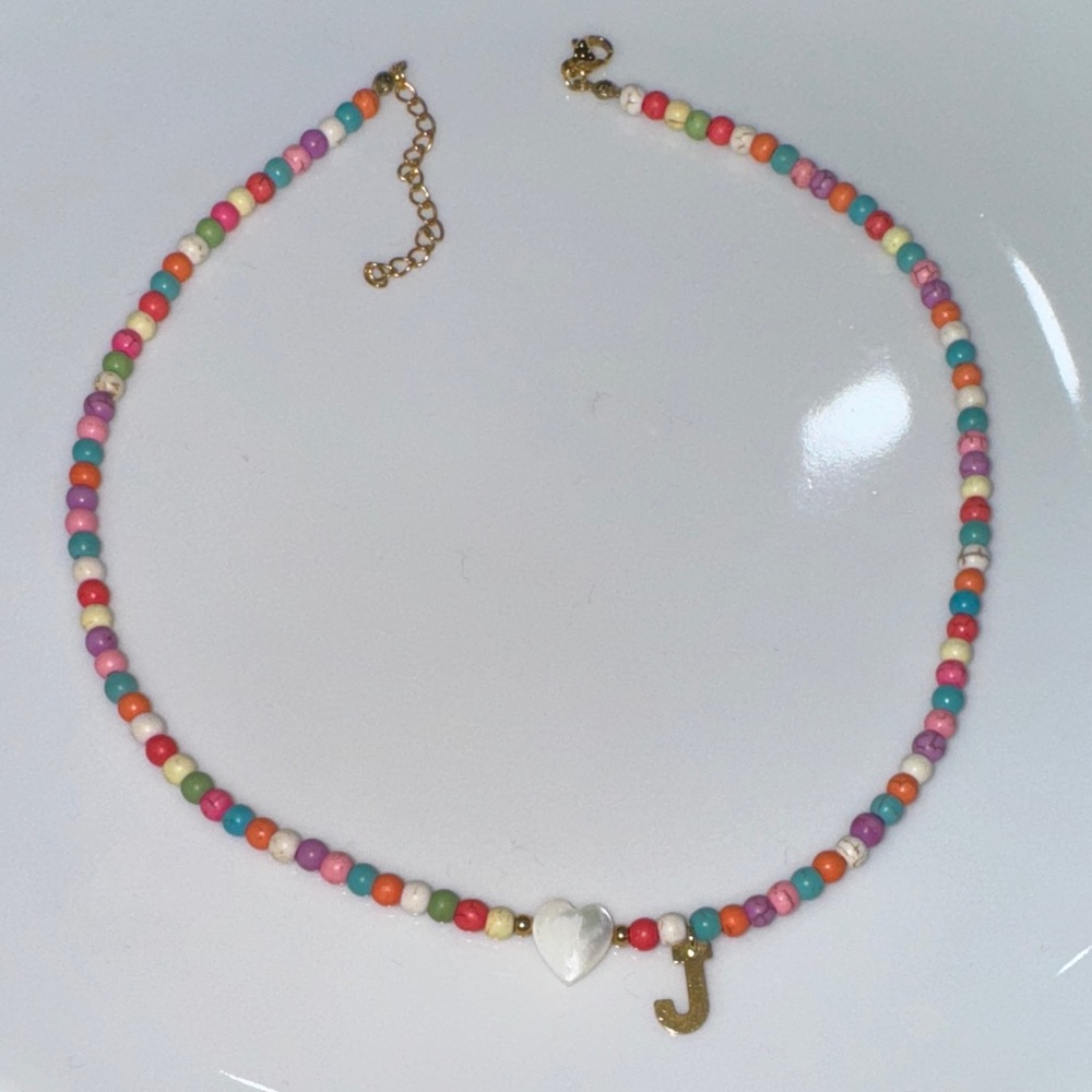 Multicolor Beaded Necklace with Mother-of-Pearl Heart and Gold Initial Charm